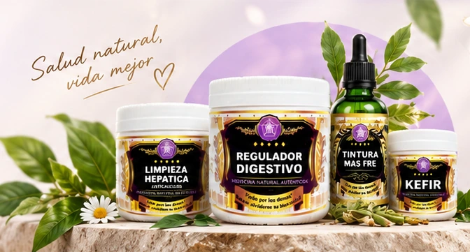 Productos naturales Choy San entre hojas, sobre una base de piedra
